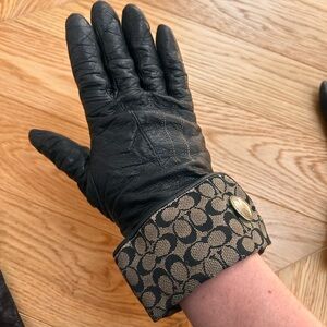 Coach Black Leather Gloves with Patterned Cuff